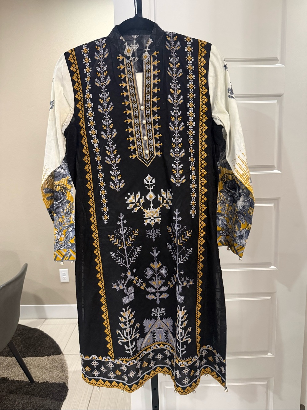 Elan Black Tunic Dress with White Sleeves and Mustard Embroidery